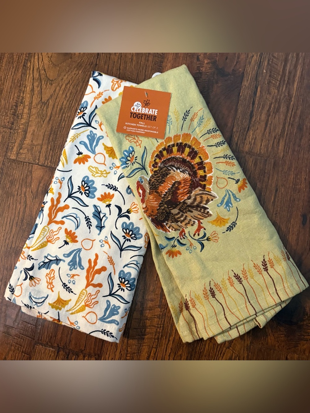 NEW 2 - Fall Turkey Thanksgiving Kitchen Dish Tea Towel Set Leaves Floral Wheat